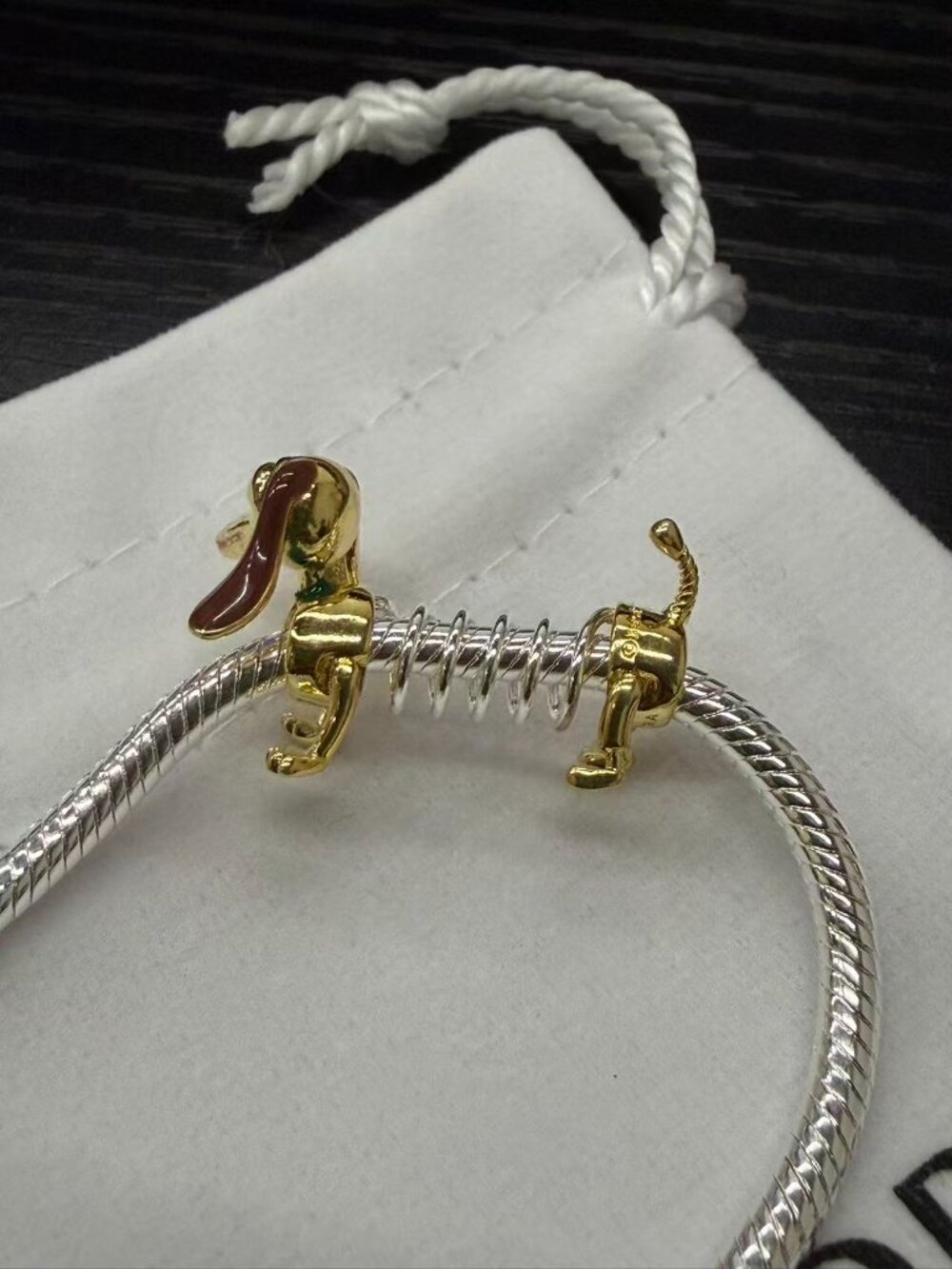 Pandora Silver Snake Chain Bracelet with Gold Dachshund Charm - Picture 3 of 6